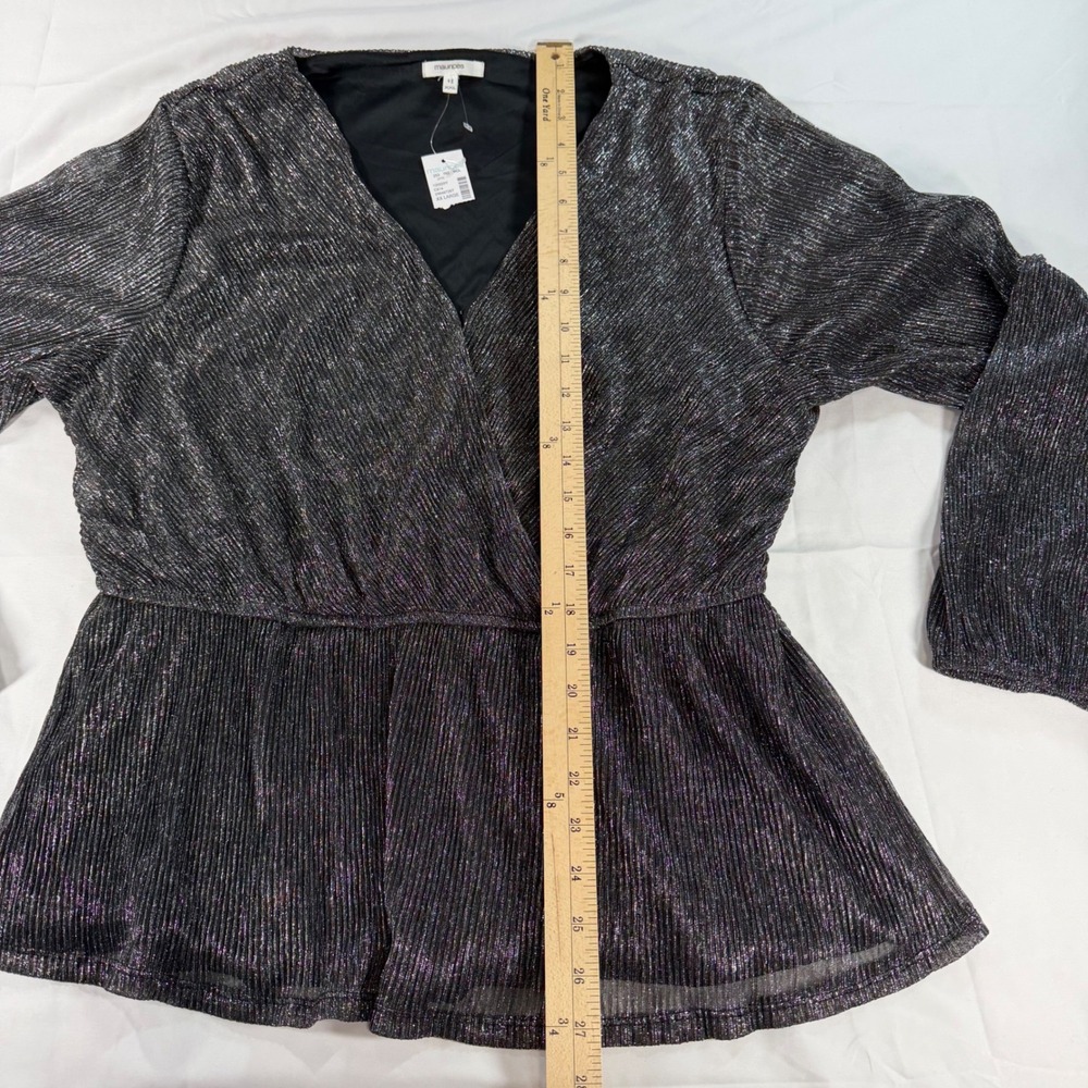 Maurices Silver Metallic Plisse Wrap Peplum Top XXL Long Sleeve‎ Holiday Sparkle - Picture 4 of 11